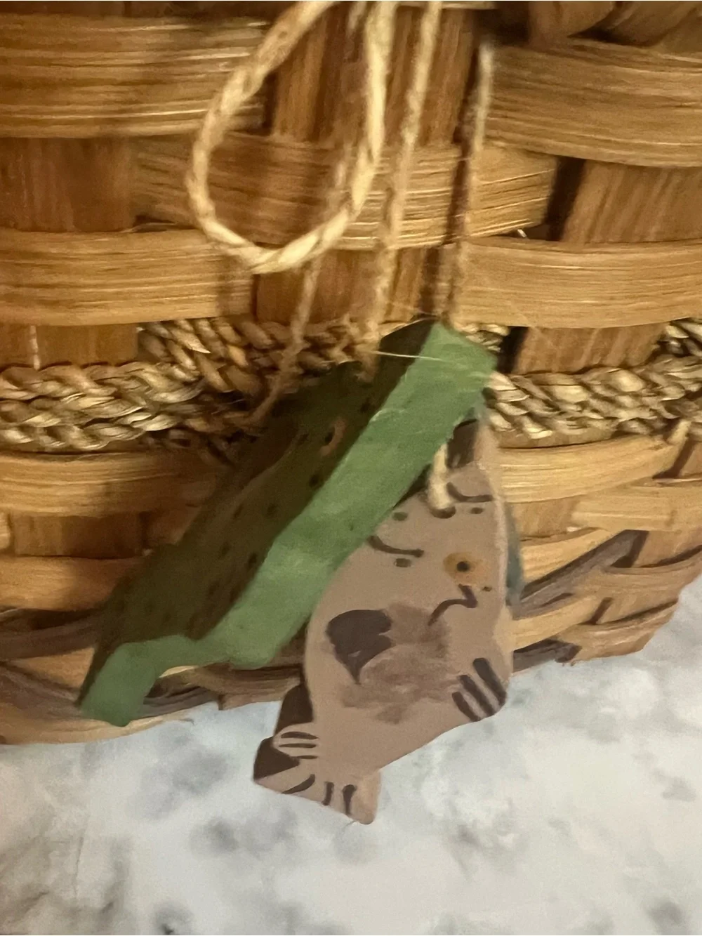Vintage Brown Woven Basket with Wooden Handle and Fish Charm